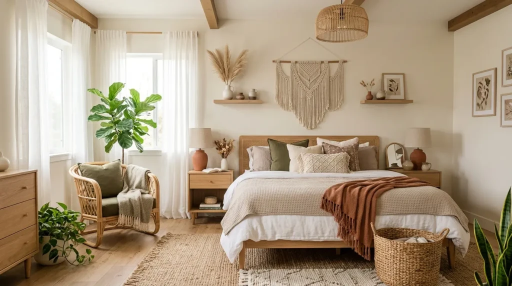 A boho bedroom with beige, white, terracotta, and olive tones creating a calm and harmonious space