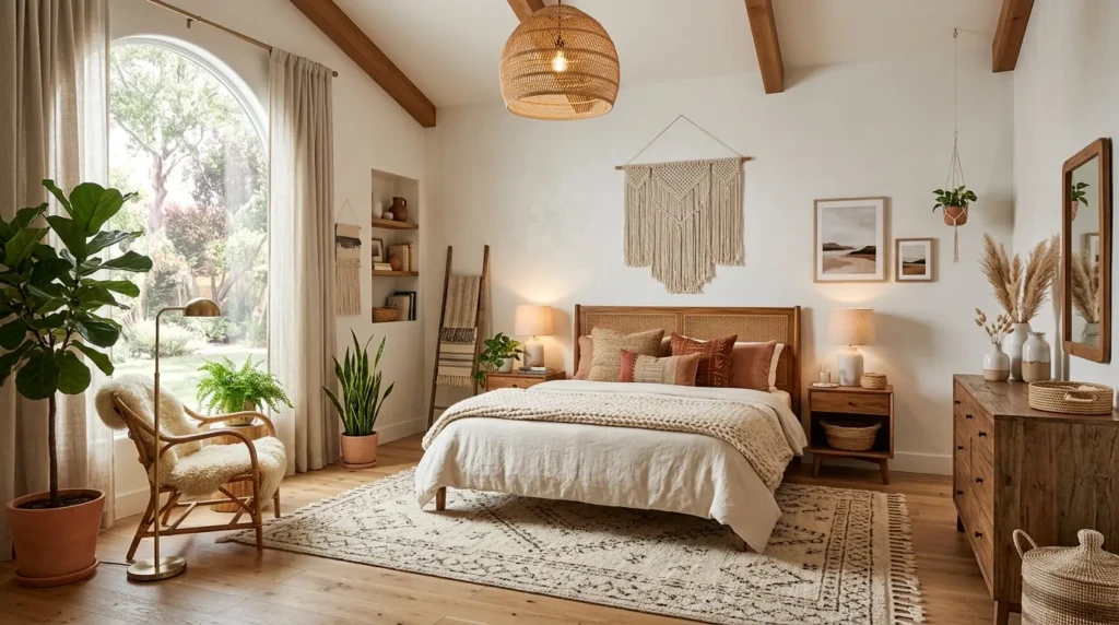 Wide-angle modern boho bedroom featuring layered textures, warm wood, earthy decor, plants, and soft ambient lighting.