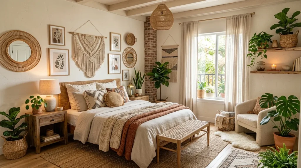 A fully styled modern boho bedroom with cozy textures, natural materials, plants, and soft lighting