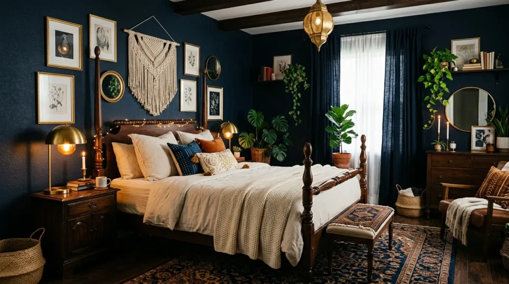 A dark boho bedroom with deep wall colors, light bedding, wooden accents, and warm ambient lighting