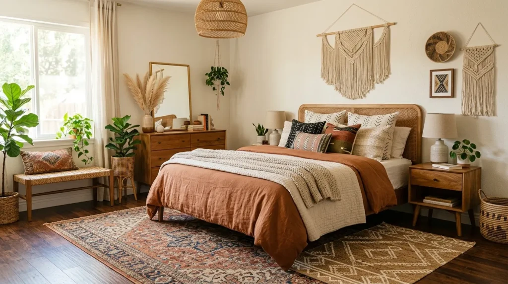 A boho bedroom featuring geometric and tribal patterned rugs and pillows in a cohesive color palette