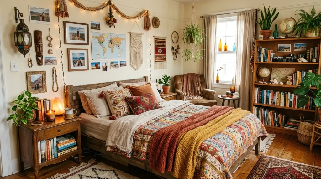 A boho bedroom styled with books, candles, vintage items, and travel-inspired decor elements