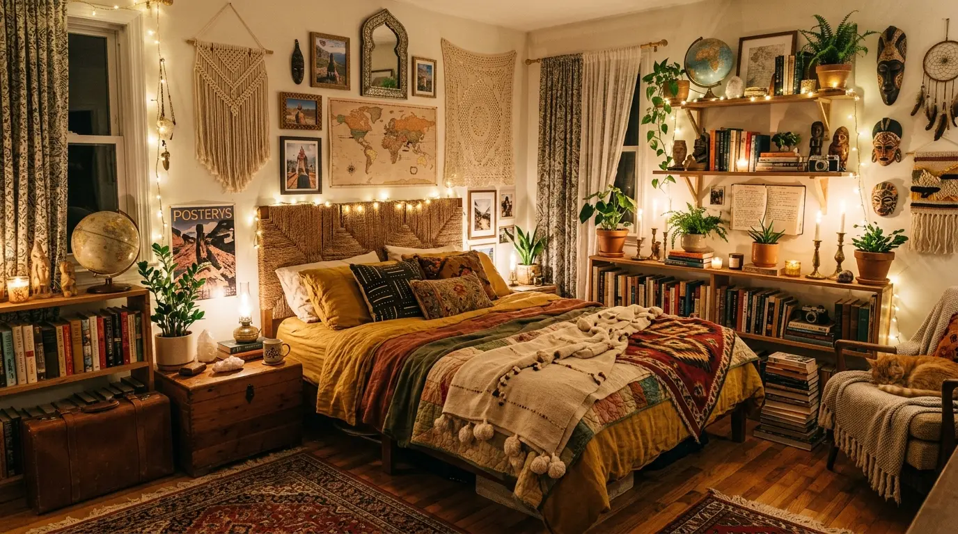 A boho bedroom styled with books, candles, vintage items, and travel-inspired decor elements