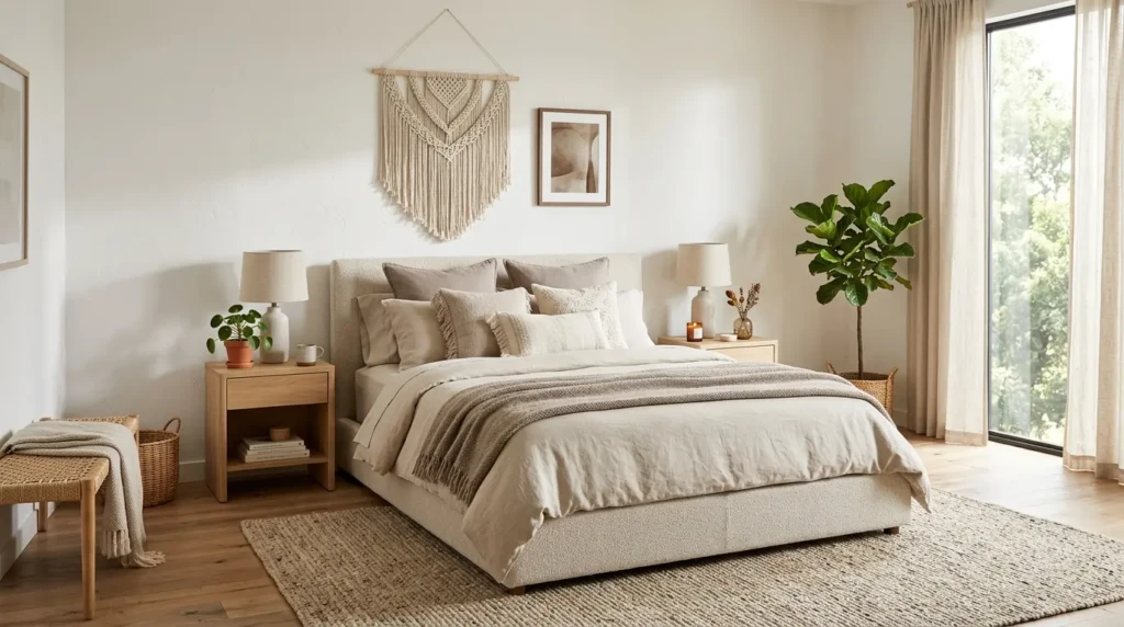 Modern boho bedroom with warm white walls, beige linen bedding, and a clean upholstered bed frame.