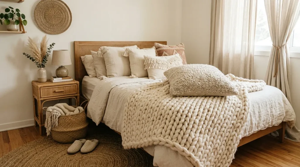 Cozy boho bedroom layers featuring knit throws, boucle cushions, jute rug, and woven decor in soft neutral tones.