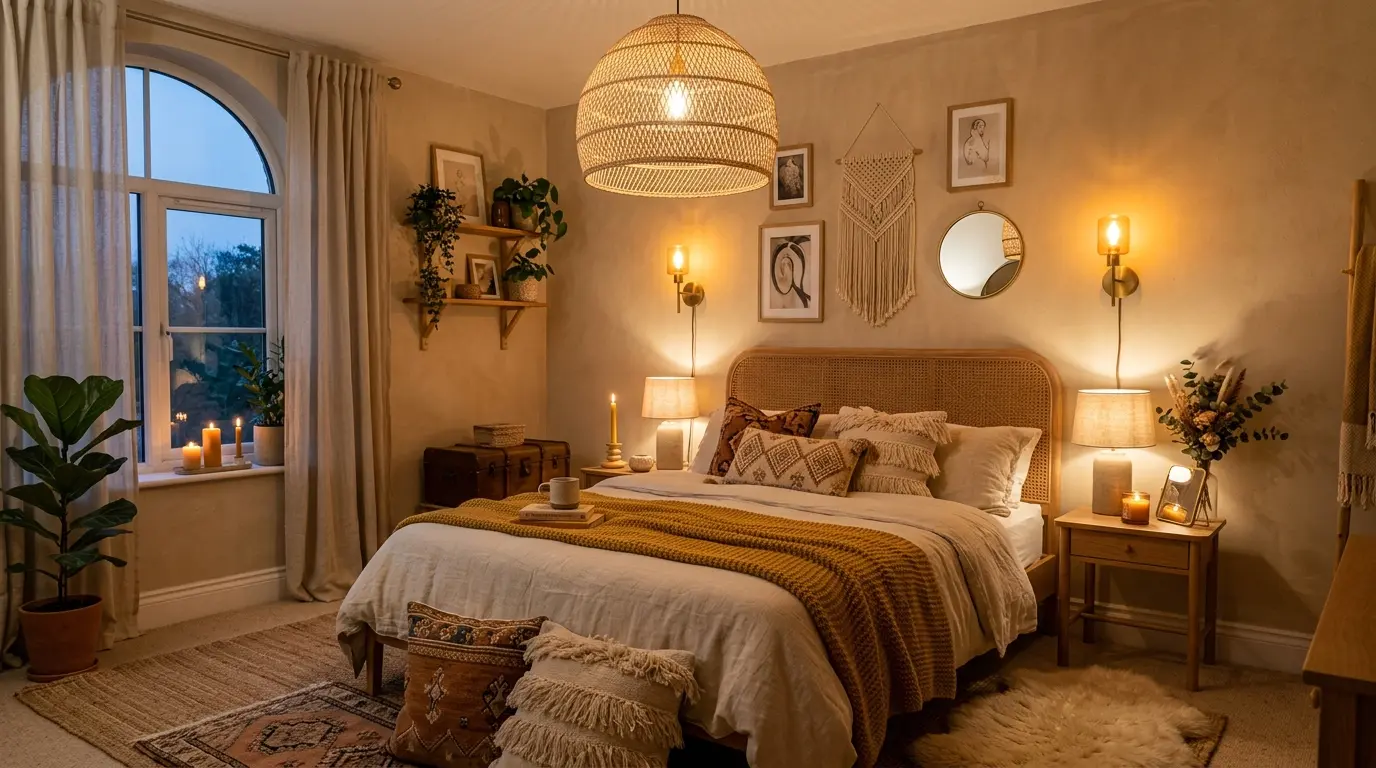 Modern boho bedroom with woven pendant lights, brass sconces, bedside lamps, and cozy candlelight.