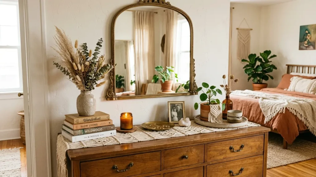 Styled bedroom dresser with vintage mirror, stacked books, ceramic vase, candle, and curated personal accessories.