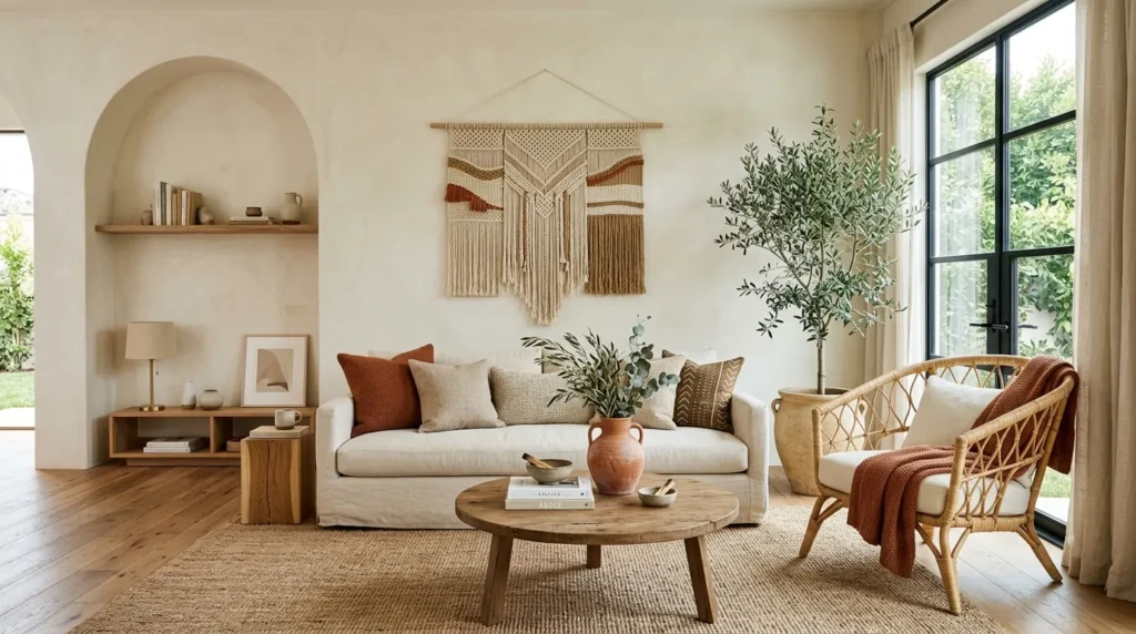 Minimalist boho living room with woven wall hanging, rattan furniture, earthy tones, ceramic decor, and indoor greenery.