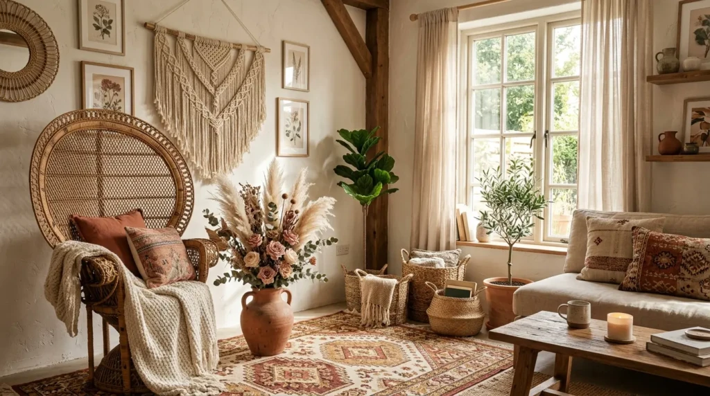 Boho living room decor styled with dried roses, pampas grass, woven baskets, macrame wall art, and warm earthy textures.