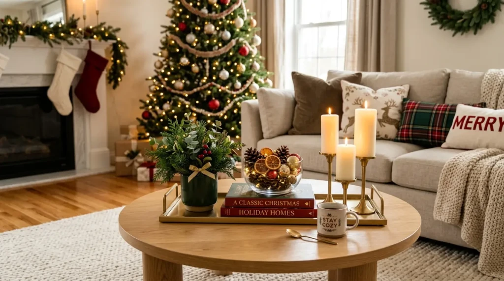 Stylish Christmas coffee table decor with candles, pinecones, greenery, and holiday books in a modern living room.