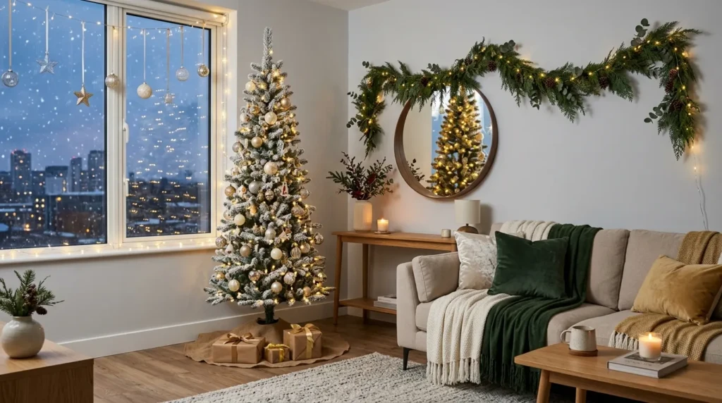 Small apartment Christmas living room with slim tree, wall garlands, fairy lights, and modern living room designs apartment styling.