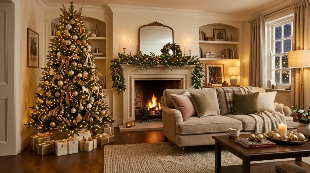 Timeless elegant christmas living room decor, glowing tree, warm fireplace, soft textures, sophisticated gold and green palette, cozy festive evening, beautifully styled luxury holiday home, peaceful family gathering atmosphere, cinematic interior photography