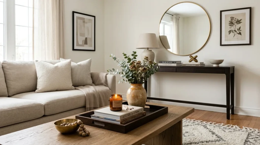 Styled coffee table with books, candle, tray, and decorative console with mirror and framed wall art.