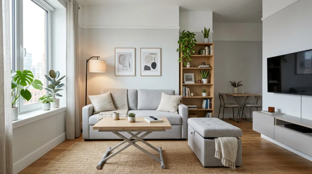 Small living room decor with floating shelves and wall-mounted storage maximizing vertical space