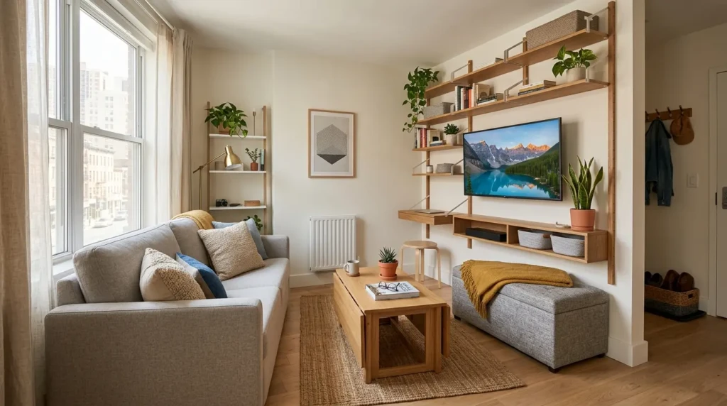 Small living room decor with large mirror reflecting light to create spacious look