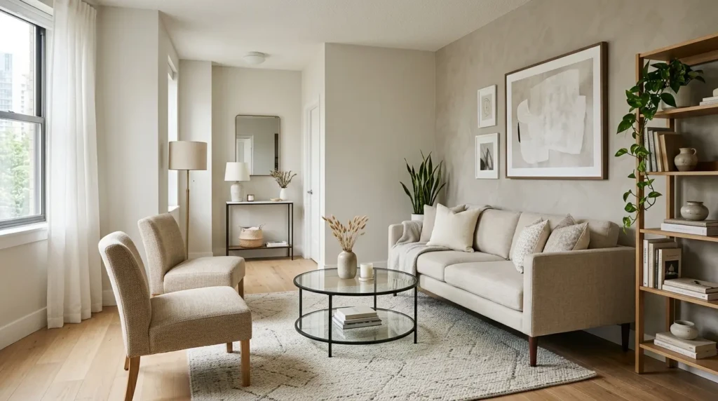 Small living room decor with layered lighting including floor lamp and warm ambient lights