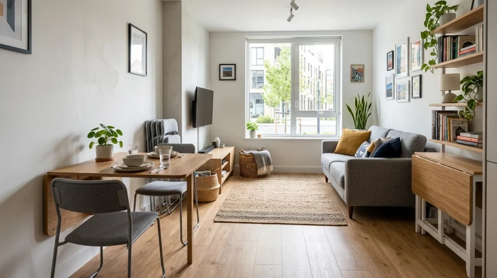 small living room with foldable table and stackable chairs for flexible use