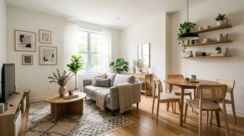 small living room with layered lighting ceiling lights floor lamp warm ambiance modern interior design