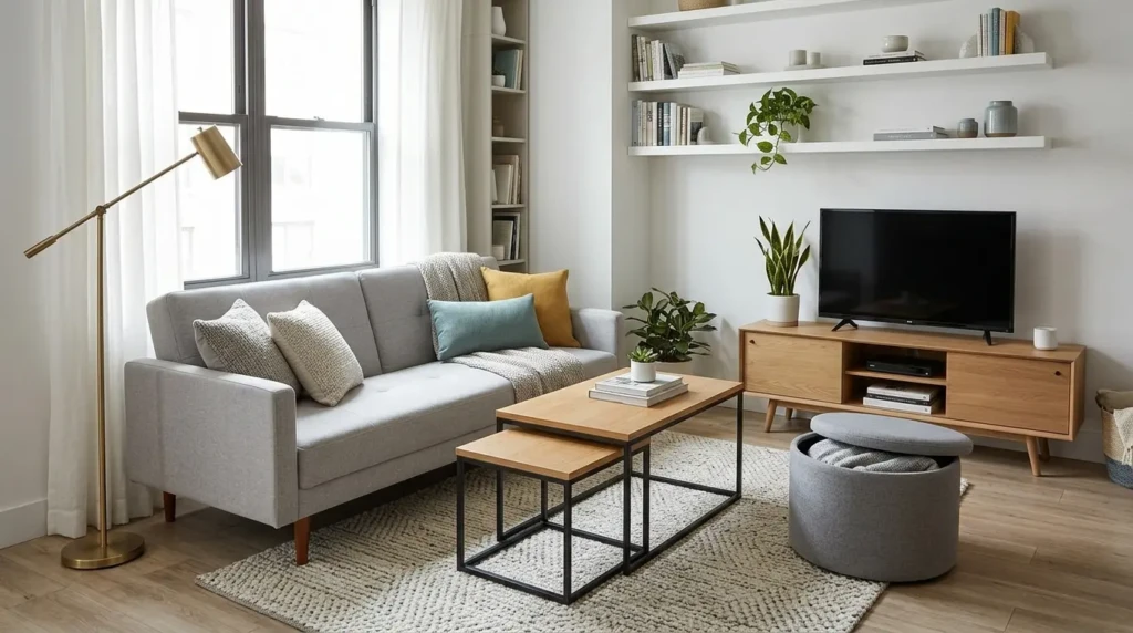 Small living room decor ideas using multifunctional furniture like sofa bed and storage ottoman