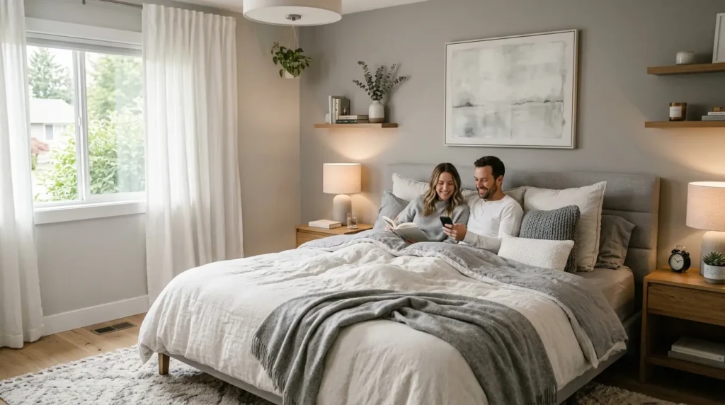 Cozy modern bedroom designed for couples with neutral tones and elegant decor