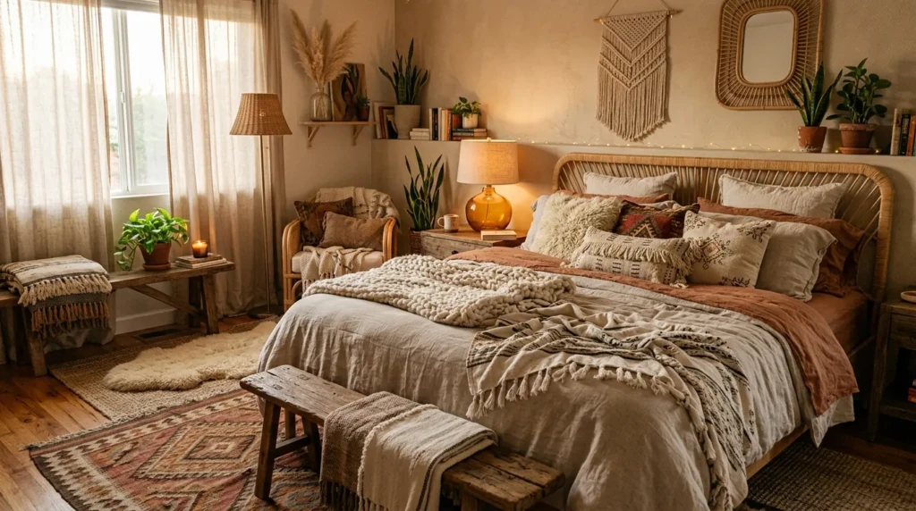 A cozy boho bedroom with soft bedding, chunky knit throws, textured pillows, and layered rugs