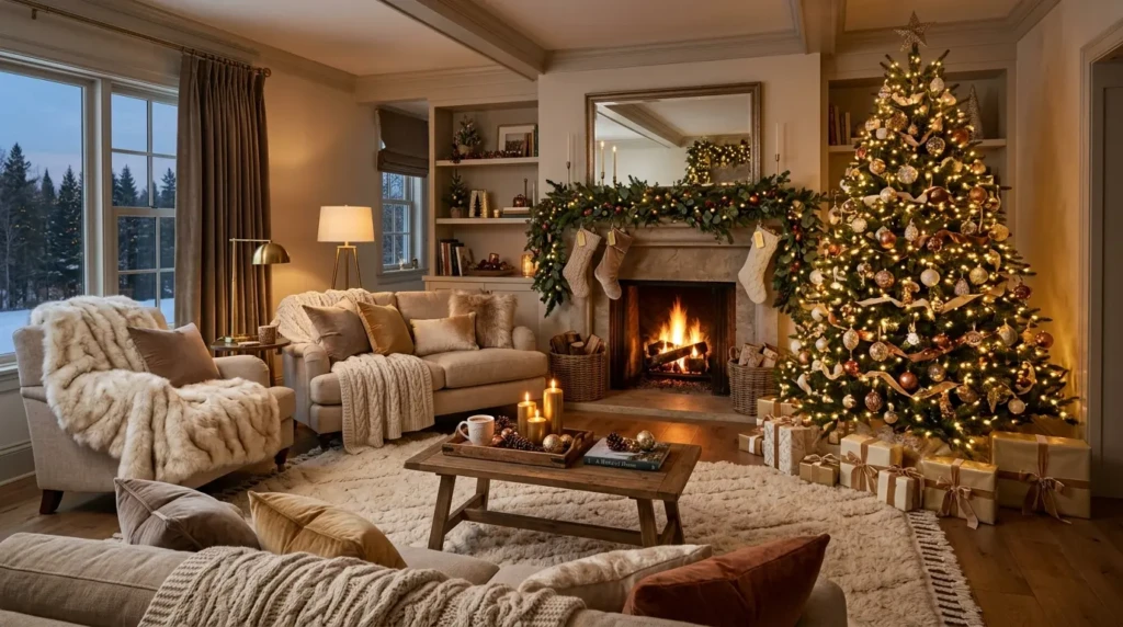 Elegant Christmas living room with velvet cushions, chunky knit throws, faux fur accents, and warm holiday comfort styling.