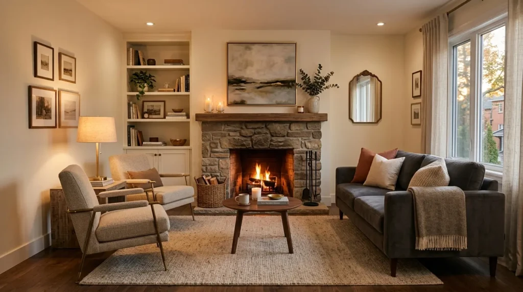 small living room with fireplace as focal point and cozy seating arrangement