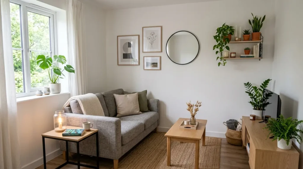 Cozy small living room decor on a budget with modern furniture, neutral colors, and warm lighting