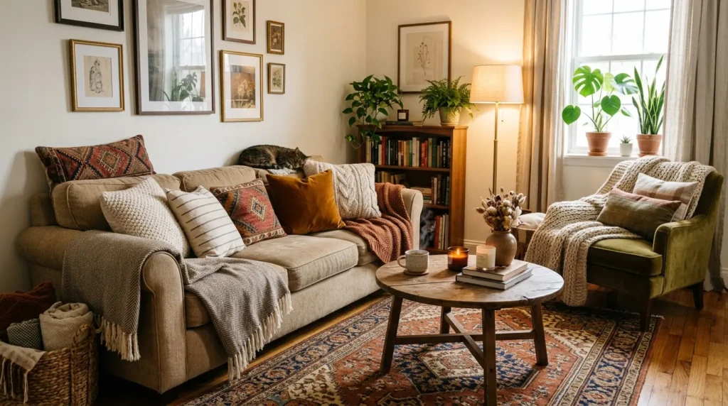 Small living room decor ideas with layered textures like cushions, rugs, and blankets