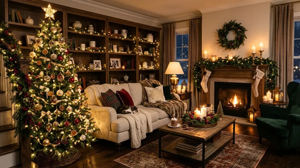 Cozy Christmas living room with fairy lights, glowing candles, lanterns, and soft warm lighting for elegant holiday ambiance.