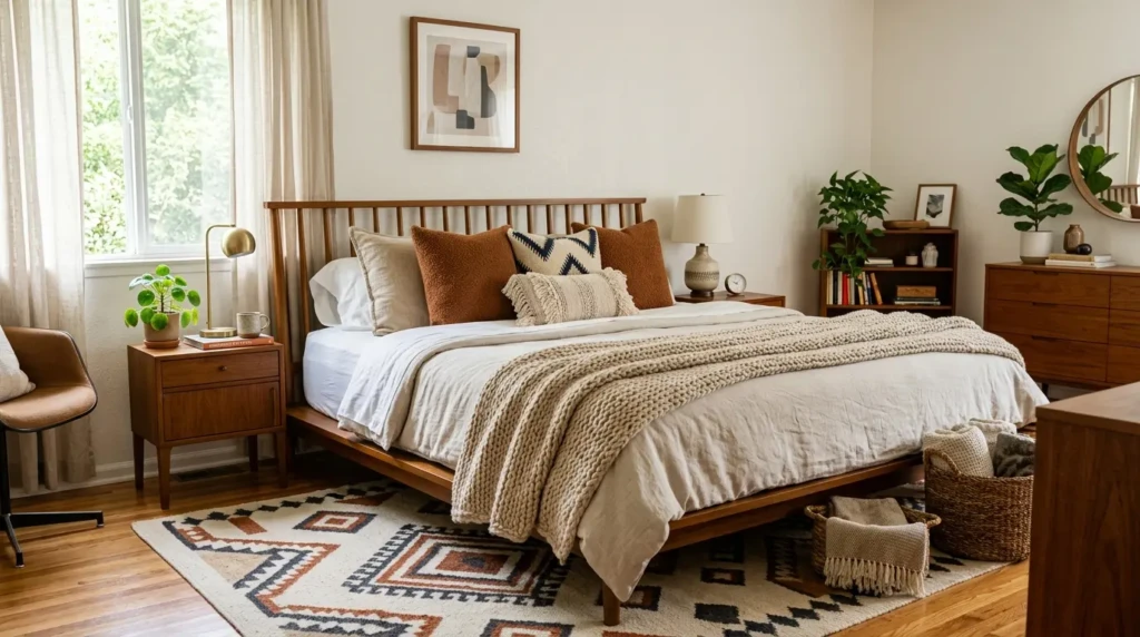 Cozy bedroom with layered bedding, cushions, and soft textures in mid century design