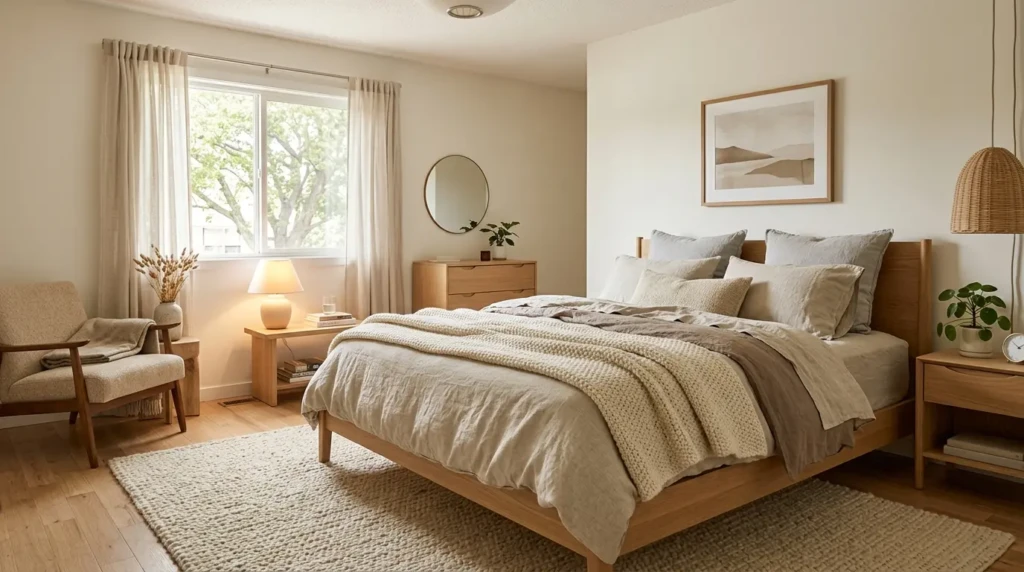 Cozy minimalist bedroom with soft bedding, warm lighting, and textured fabrics creating a relaxing space