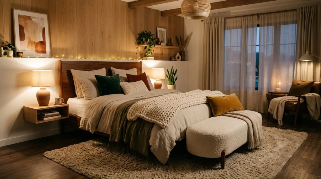 Modern luxury bedroom with layered linen bedding, knitted throw, plush rug, and velvet accent pillows.