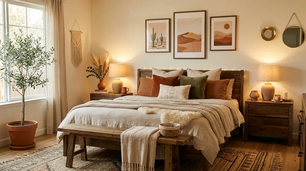 Warm walnut furniture, terracotta decor, and rust-toned pillows creating an earthy modern boho bedroom look.
