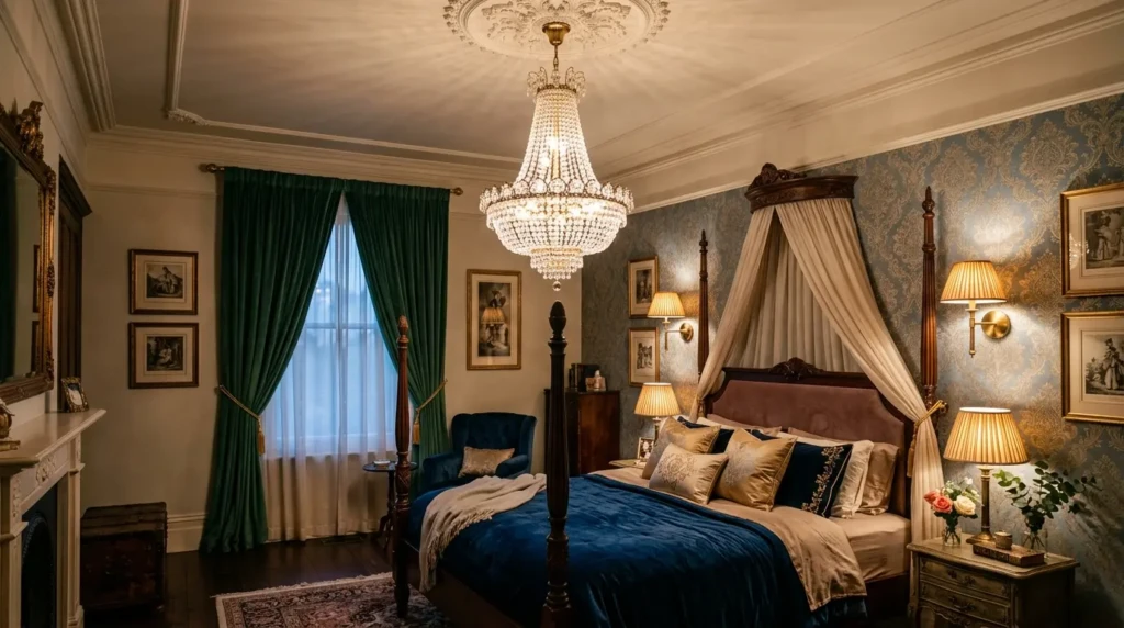 Elegant bedroom lighting with crystal chandelier, wall sconces, and soft ambient glow.