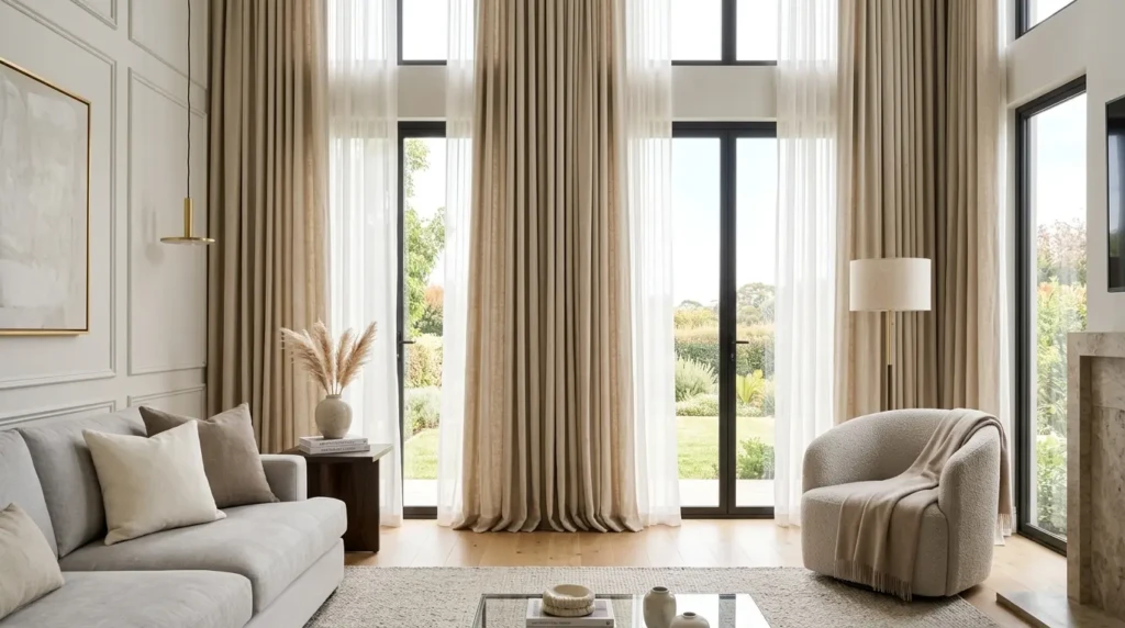 Floor-to-ceiling linen curtains in an elegant living room with sheer layers, soft daylight, and refined neutral decor.
