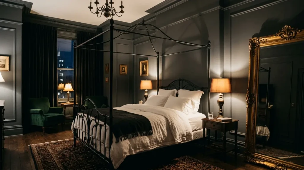 Moody bedroom with charcoal walls, black four-poster bed, brass lamps, and gilded mirror.