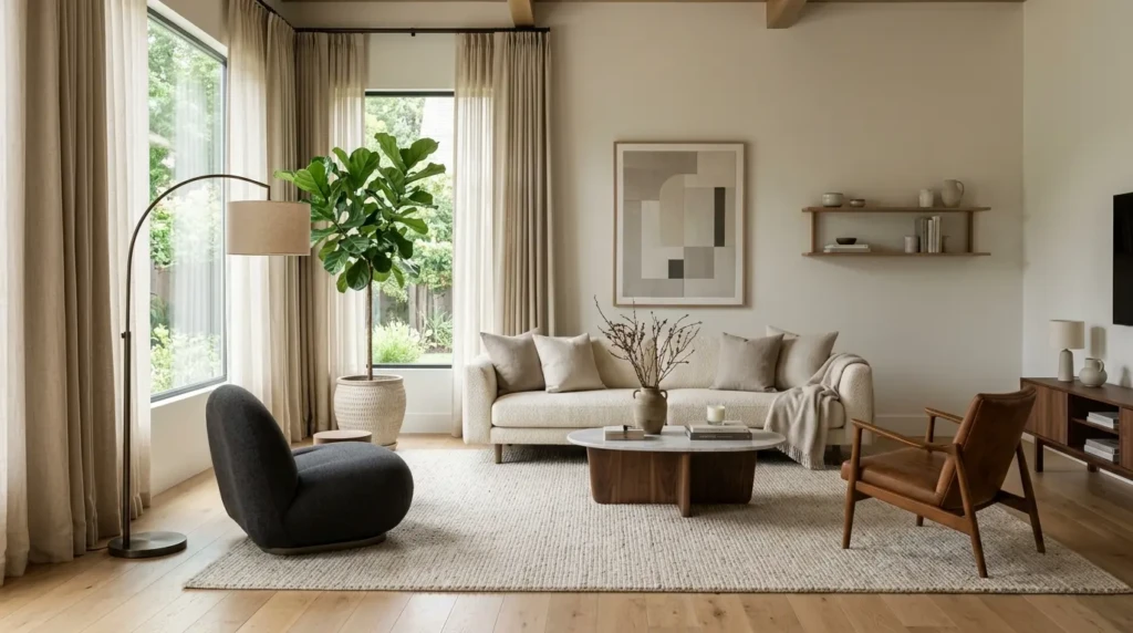 Luxury living room showing negative space, layered furniture heights, tall curtains, and premium decor.