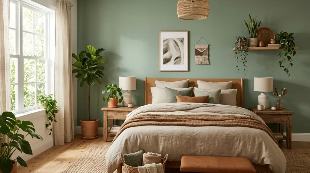 Sage green and beige modern bedroom with wood furniture and natural textures.