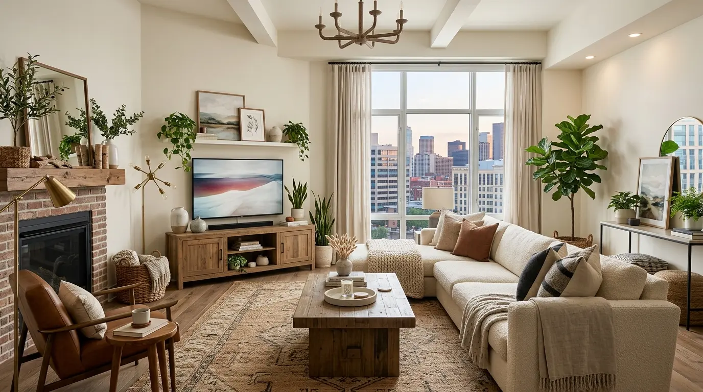 Wide-angle elegant apartment living room with modern sofa, styled side tables, decorated TV stand, plants, and layered textures.