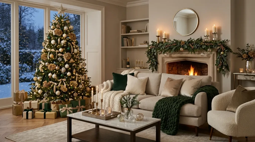 Christmas living room decor in gold, ivory, green, and champagne tones with velvet pillows, metallic accents, and elegant festive styling.