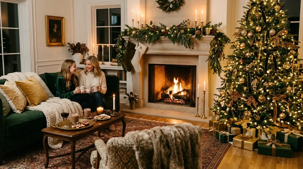 Timeless elegant Christmas living room decor with glowing tree, fireplace, layered textures, and warm festive atmosphere.
