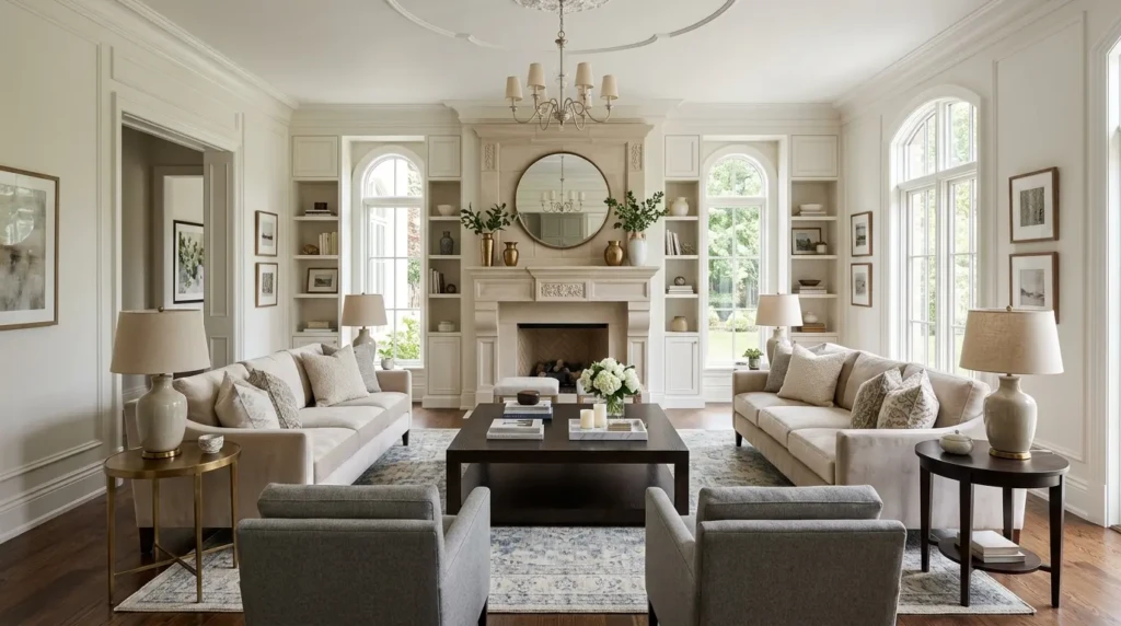 Symmetrical elegant living room layout with matching chairs, central table, fireplace focal point, and balanced lighting.