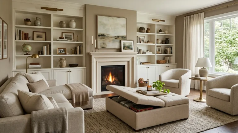 Timeless elegant living room with storage ottoman, built-in shelving, neutral palette, and curated decor.