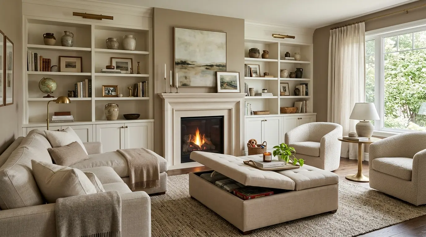 Timeless elegant living room with storage ottoman, built-in shelving, neutral palette, and curated decor.