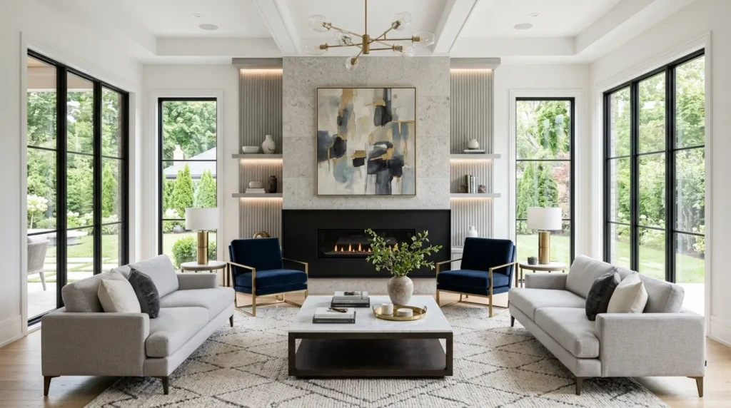 Symmetrical elegant living room design with statement fireplace, matching chairs, and balanced modern styling.
