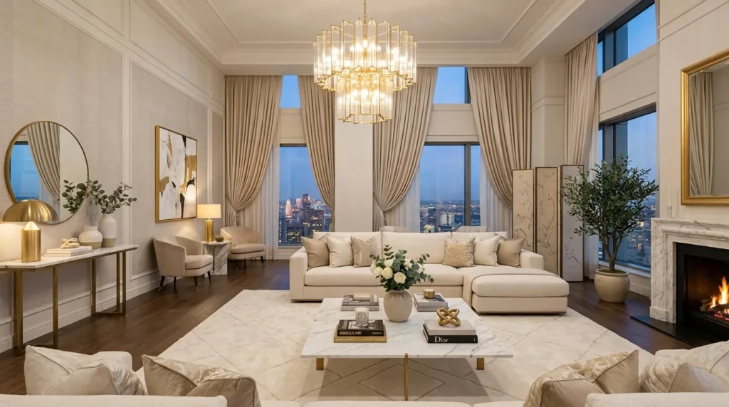 A sophisticated luxury living room with cream sectional seating, marble coffee table, soft lighting, and elegant neutral decor.