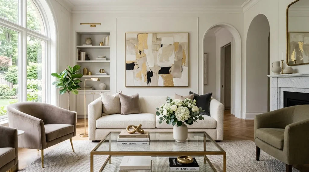 Designer living room with oversized wall art, flowers, glass accents, and balanced luxury magazine-style decor.