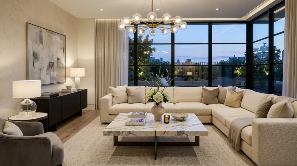 Cohesive luxury modern living room with premium sofa, marble center table, and statement lighting.