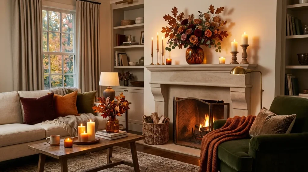 Fall living room decor with burgundy roses, amber glass candles, warm blankets, autumn leaves, and cozy seasonal styling.